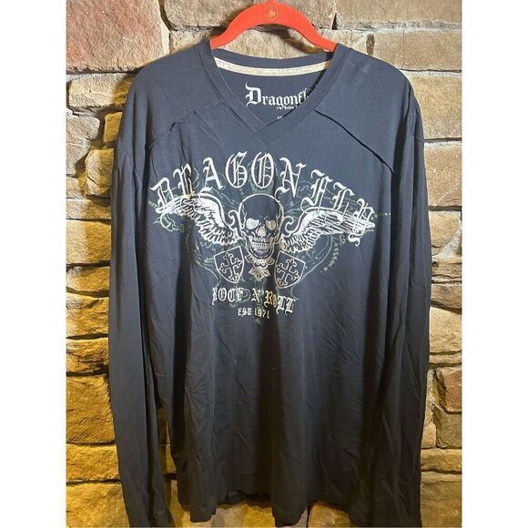 Vintage Y2K Dragonfly Thermal Embroidered Long‎ Sleeve skull Fire v-neck - Picture 1 of 9